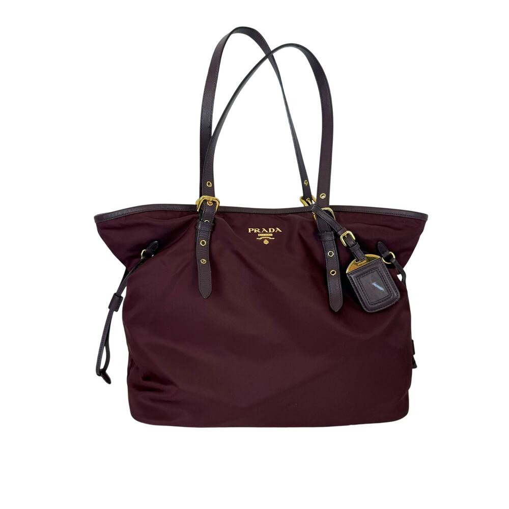 Prada Tessuto Nylon Tote Shoulder Bag with Leather Trim Burgundy